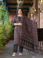 Yufta Black & Red Floral Print Straight Plus size Kurta Trouser And Dupatta Set
