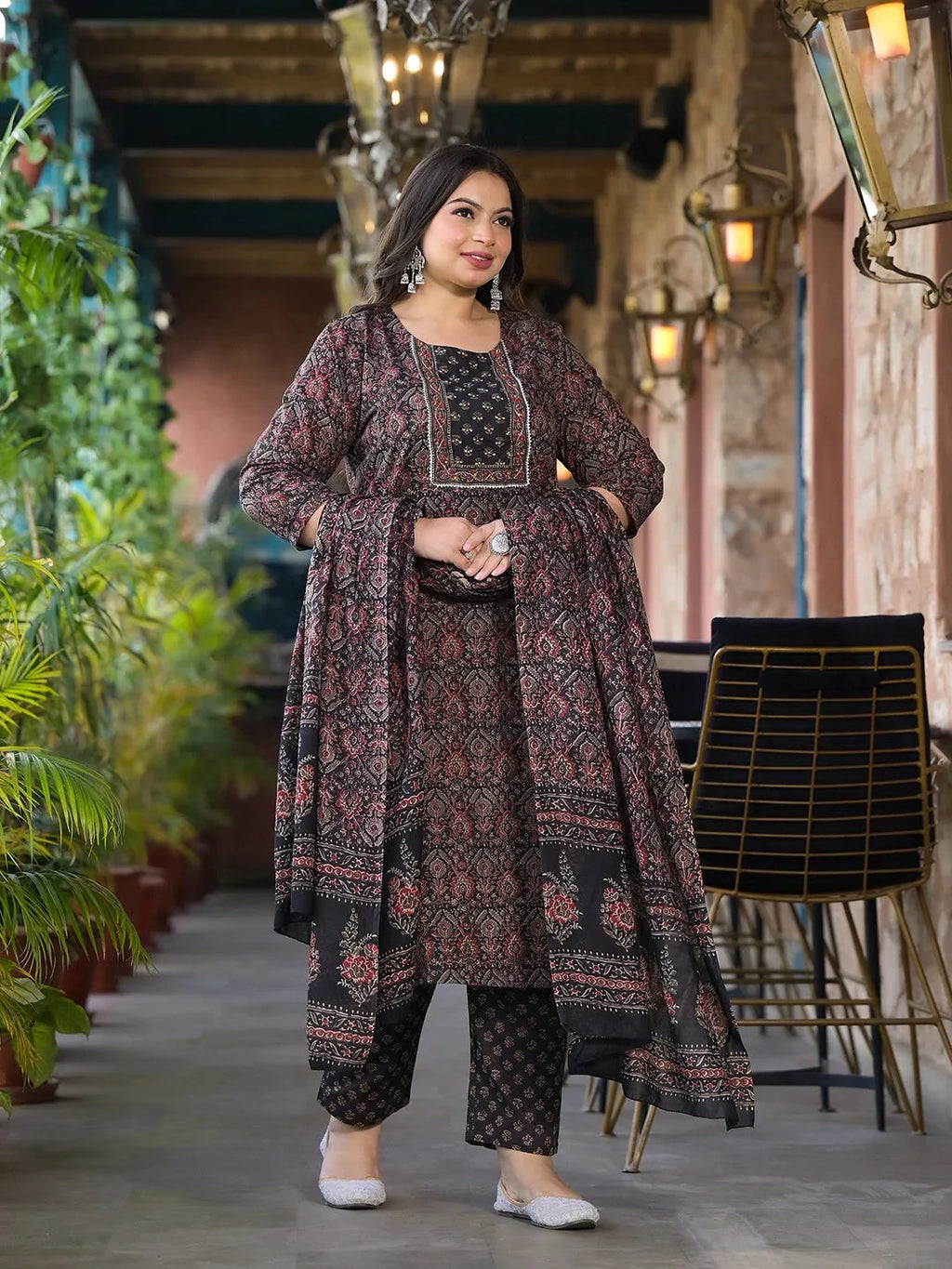 Yufta Black & Red Floral Print Straight Plus size Kurta Trouser And Dupatta Set