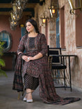 Yufta Black & Red Floral Print Straight Plus size Kurta Trouser And Dupatta Set