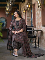 Yufta Black & Red Floral Print Straight Plus size Kurta Trouser And Dupatta Set