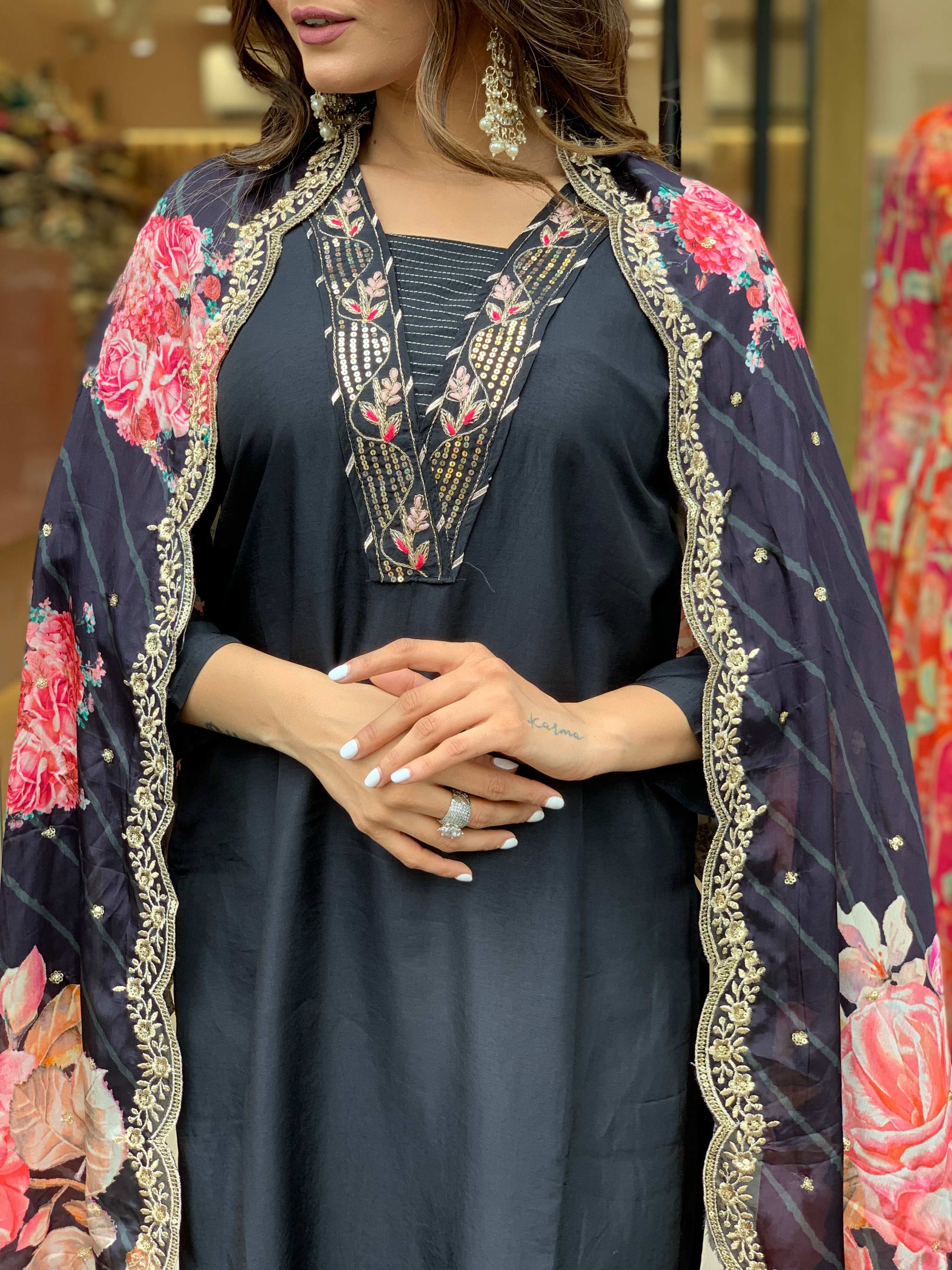 Yash Enterprise Black Rayon Embroidery Party Wear Suit Set - Distacart