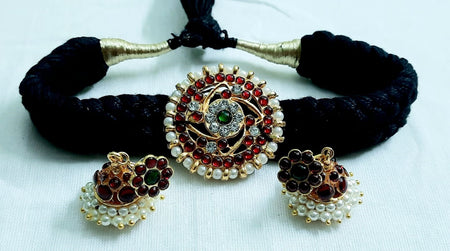 Elite Trading Black Thread Choker with Kempu Stones & Moon Pendant with Jhumka Traditional South Indian Jewelry for Women and Girls