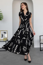 Pimu V-Neck Maxi Dress with Black Graphic Print