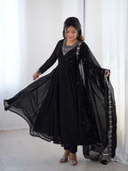Lorenvalley Black Faux Georgette Fancy Embroidery Beads And Jari Work Anarkali Kurta Palazzo With Dupatta Set