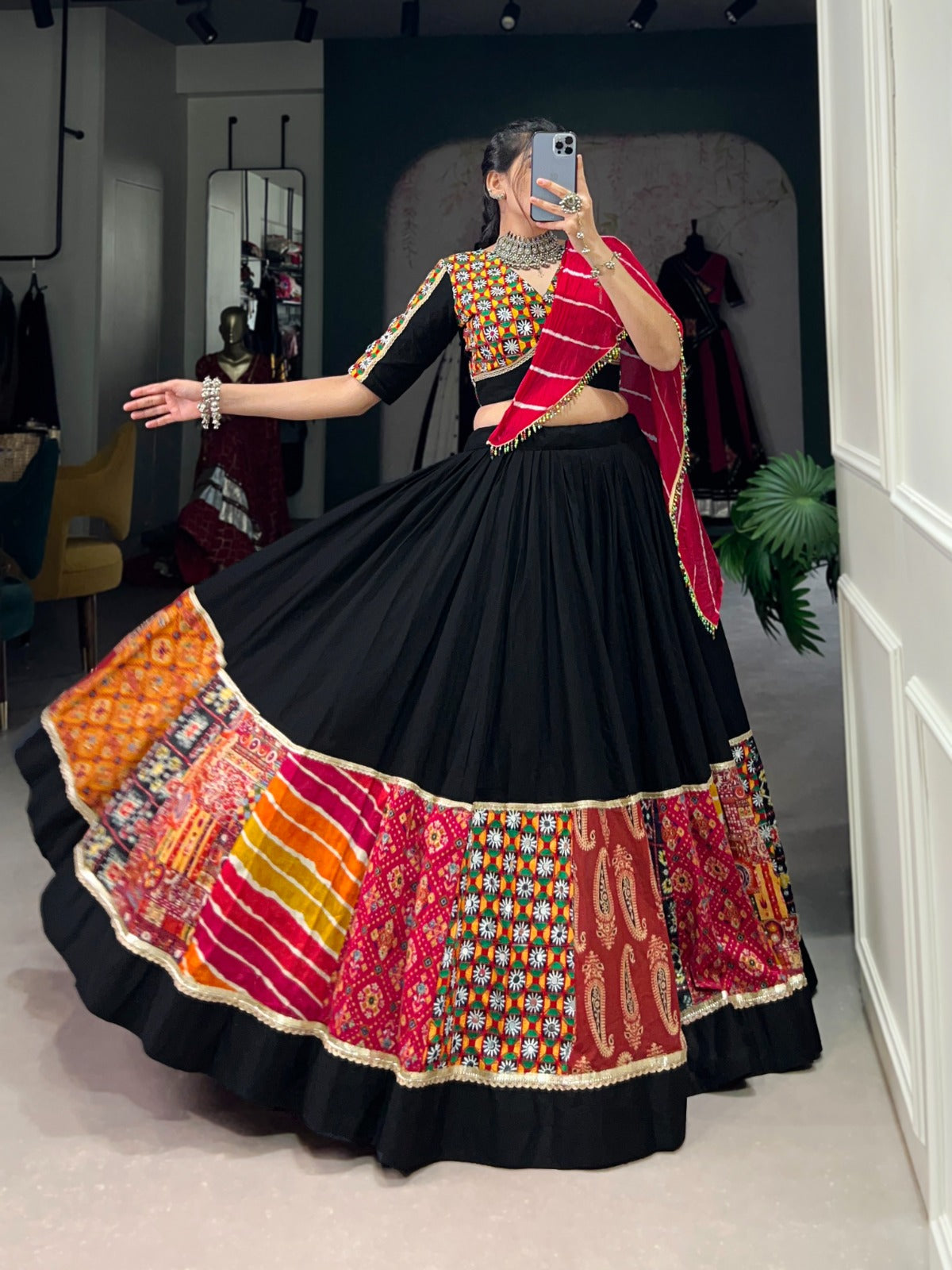 Lorenvalley Black Pure Rayon with Plain And Printed With Original Mirror Gamthi Work And Lace Touch Up Lehenga Choli