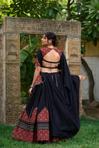 Lorenvalley Black Pure Cotton Plain With Printed And Paper Mirror Work Lace Lehenga Choli