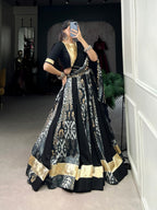 Lorenvalley Rayon and Tussar Silk Black Plain And Printed With Embossed Design Gota Lace Lehenga Choli with Dupatta