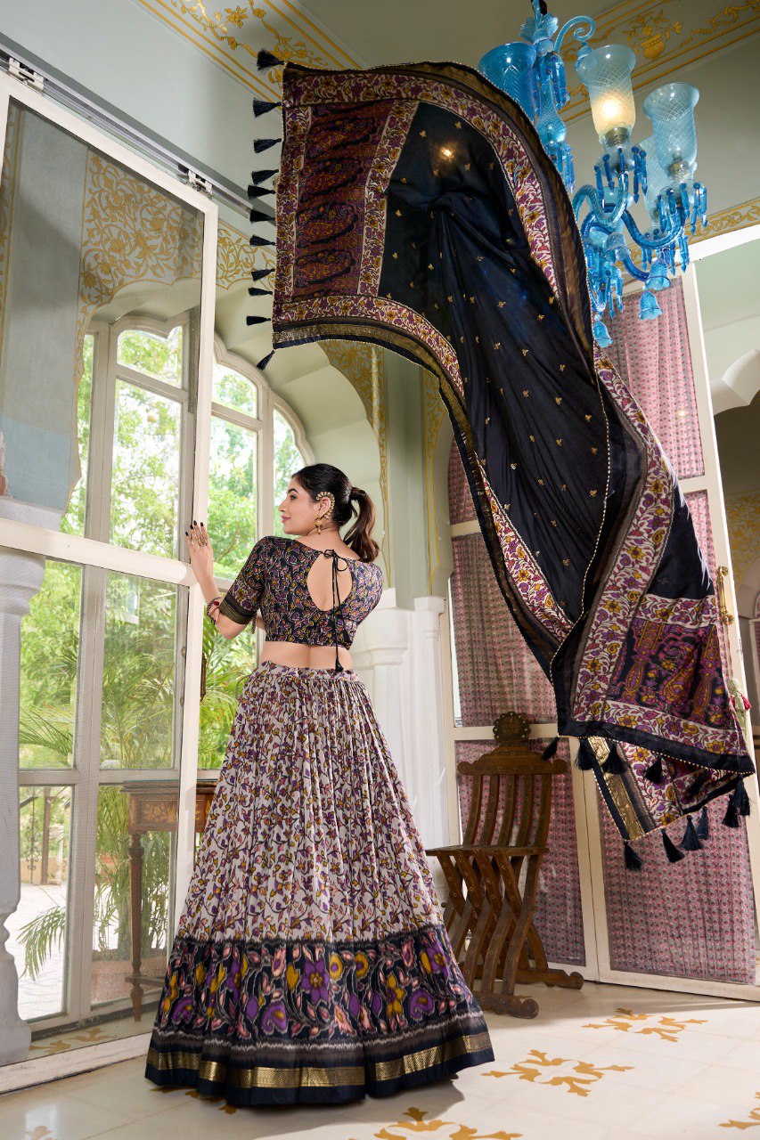 Lorenvalley Black Tussar Silk Floral Print with Foil Print Lehenga Choli with Dupatta
