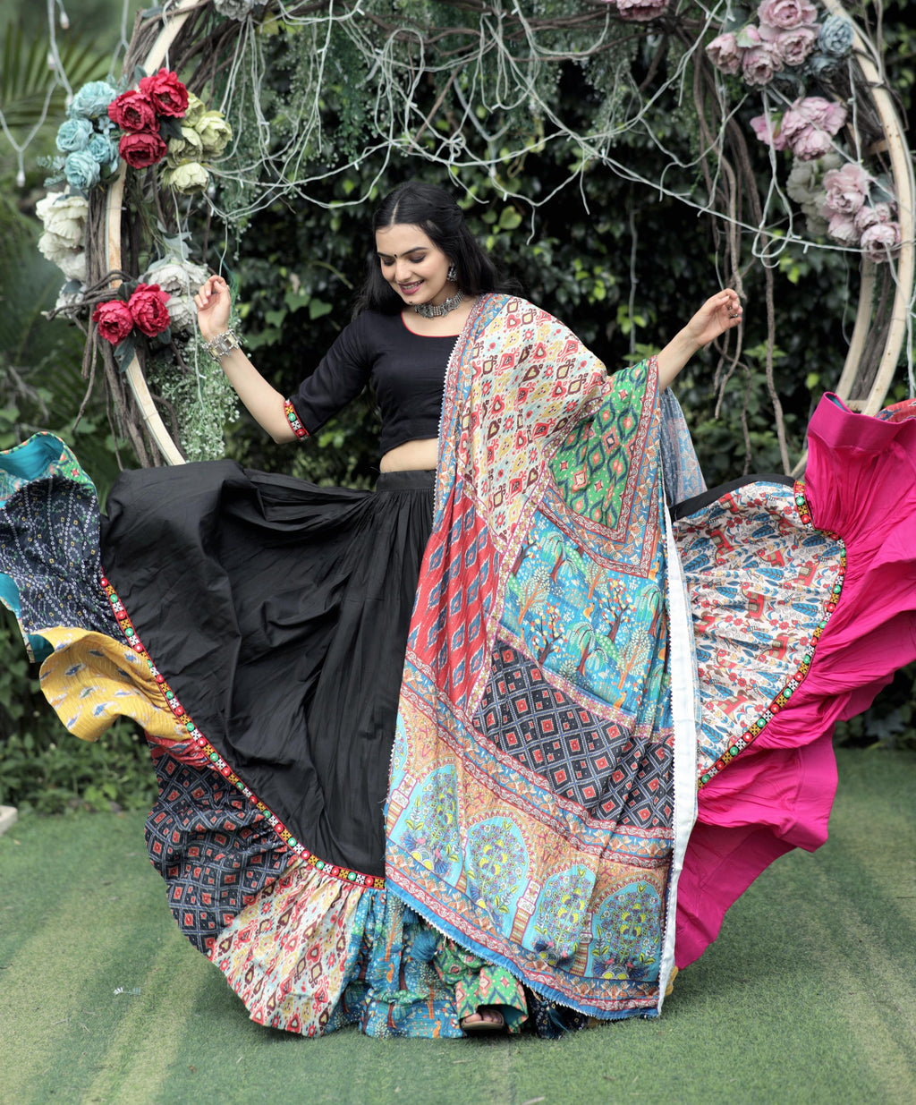 Lorenvalley Black Premium Rayon Lehenga with Choli with Digital Printed with Gotta Patti Lace Border Dupatta Set