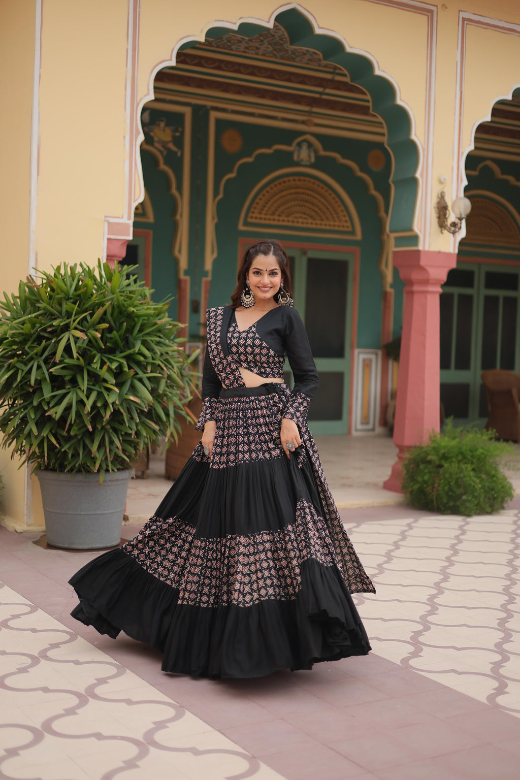 Lorenvalley Black Printed Rayon Navratri Collection Lehenga Choli with Dupatta