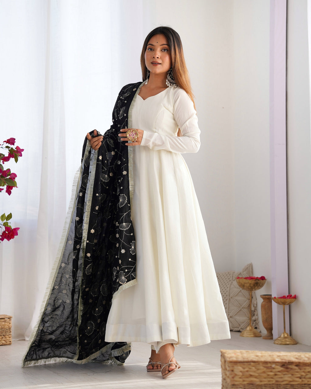 Lorenvalley Fashion White Vichitra Silk Fabric Fully Flared Anarkali Pant With Dupatta Set
