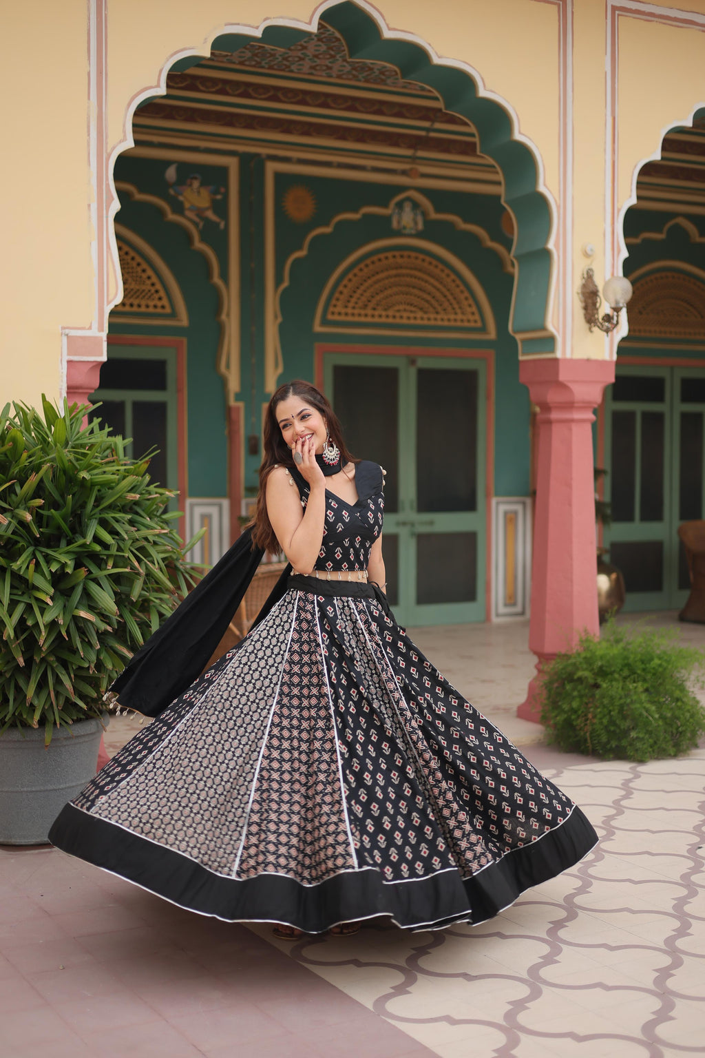 Lorenvalley Black Rayon Gota Patti Lace Printed Kali Pattern Lehenga Choli with Dupatta