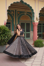 Lorenvalley Black Rayon Gota Patti Lace Printed Kali Pattern Lehenga Choli with Dupatta