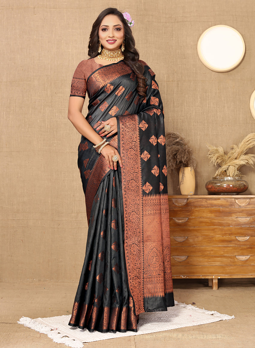 Lorenvalley Fashion Black Soft Katan Silk Woven Design Copper Zari Weaving Saree