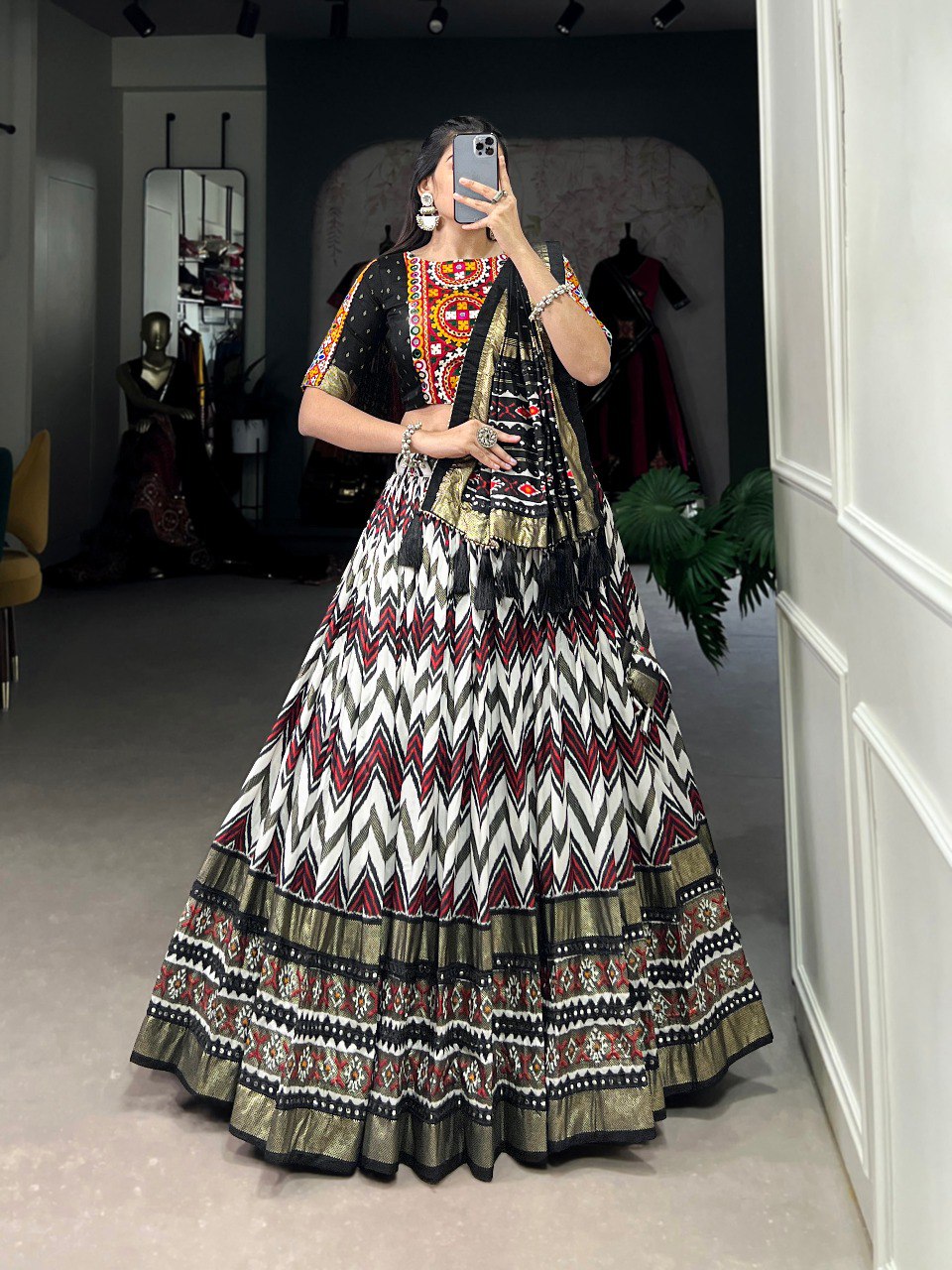 Lorenvalley Black Tussar Silk Leheriya Print with Foil Print and Paper Mirror Work Lace Lehenga Choli with Dupatta