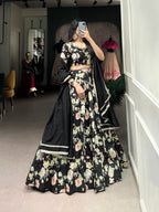 Lorenvalley Black Tussar Silk Floral Printed Lehenga Choli