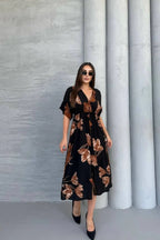 Pimu Front Slit Midi Dresses V-neck Designs For Women Party Wear - Black