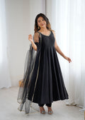 Lorenvalley Fashion Black Pure Romansilk Chanderi Fabric Yoke Fancy Lace Work Anarkali Kurta Pant With Dupatta Set