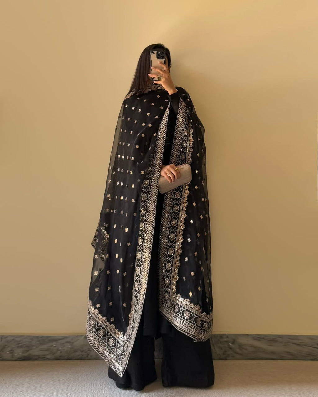 Lorenvalley Black Faux Georgette Yoke and Sleeve Potli Button Work Kurta Palazzo With Dupatta Set