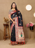 Lorenvalley Fashion Black Soft Paithani Silk Woven Design Rich Meenakari Zari Weaving Pallu Saree