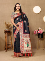 Lorenvalley Fashion Black Soft Paithani Silk Woven Design Rich Meenakari Zari Weaving Pallu Saree