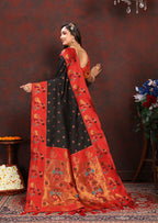Lorenvalley Fashion Black Soft Paithani Silk Woven Design Rich Zari Meenakari Weaving Saree