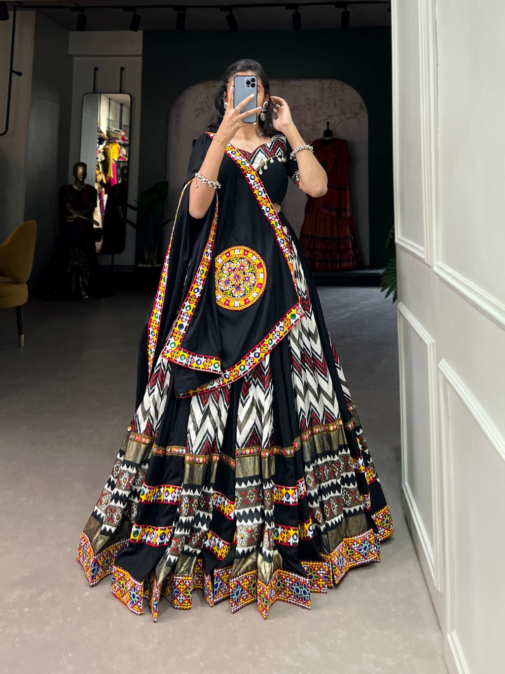 Lorenvalley Black Rayon With Printed Silk Original Mirror Gamthi Work Lehenga Choli With Dupatta