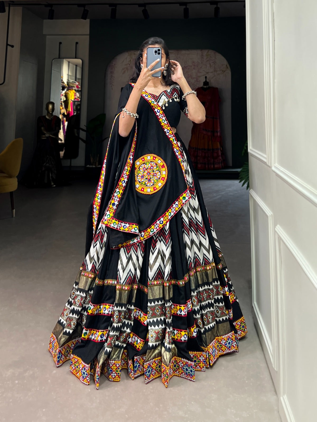 Lorenvalley Black Rayon With Printed Silk Original Mirror Gamthi Work Lehenga Choli With Dupatta