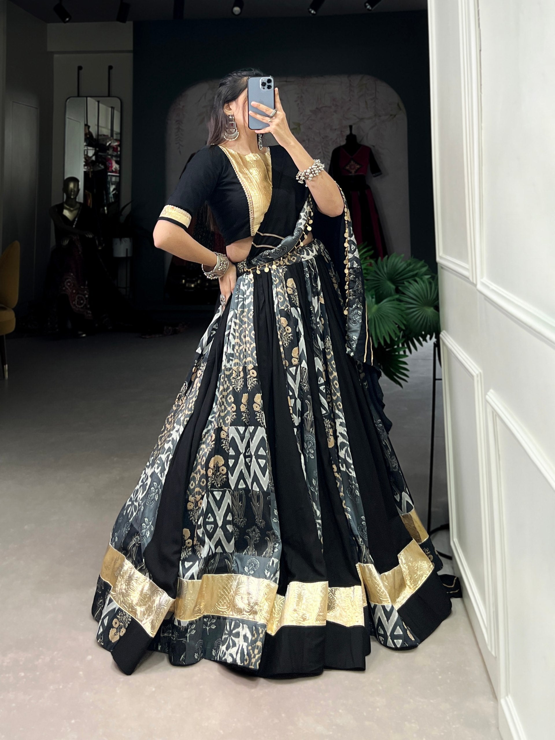 Lorenvalley Black Rayon and Tussar Silk Plain And Printed With Embossed Design Gota Lace Lehenga Choli with Dupatta