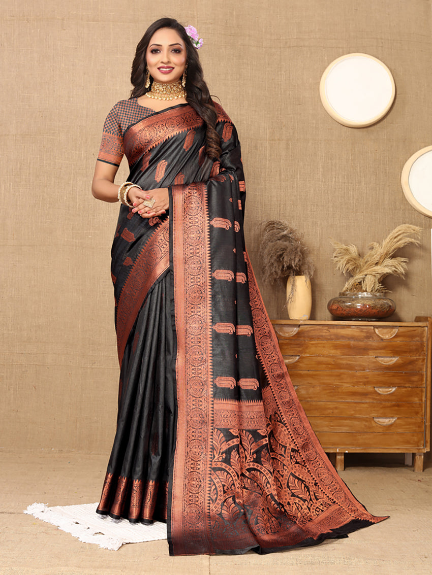 Lorenvalley Fashion Black Soft Katan Silk Woven Design Copper Zari Weaving Saree