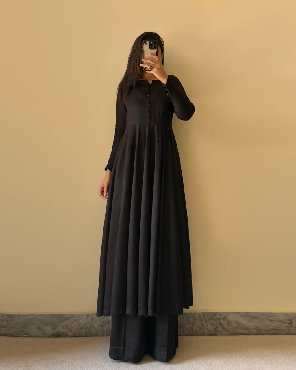 Lorenvalley Black Faux Georgette Yoke and Sleeve Potli Button Work Kurta Palazzo With Dupatta Set