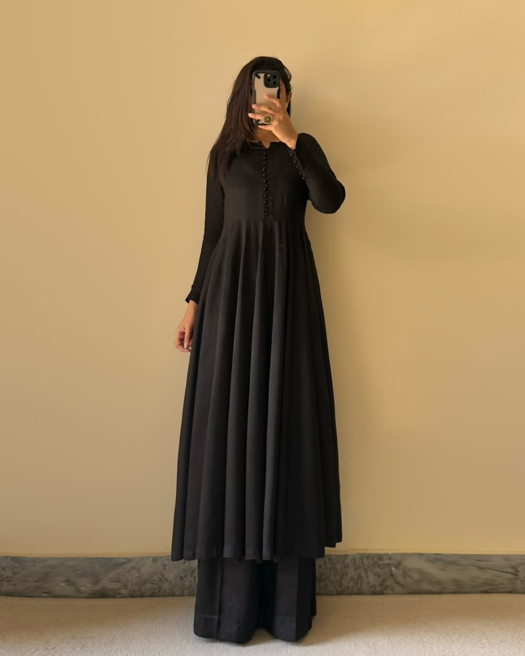 Lorenvalley Black Faux Georgette Yoke and Sleeve Potli Button Work Kurta Palazzo With Dupatta Set