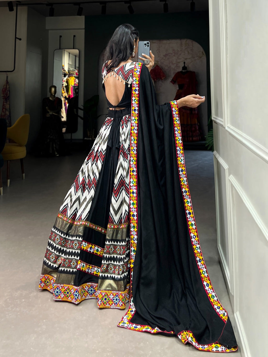 Lorenvalley Black Rayon With Printed Silk Original Mirror Gamthi Work Lehenga Choli With Dupatta