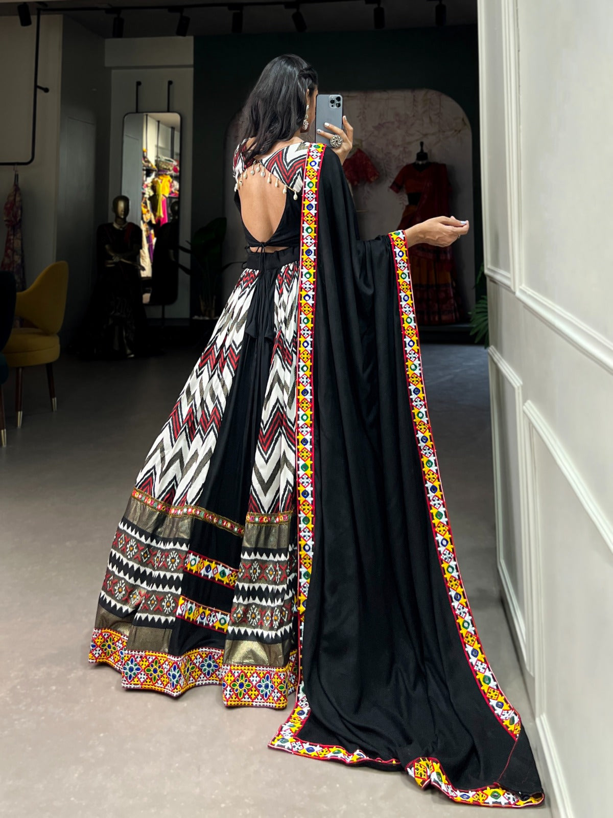 Lorenvalley Black Rayon With Printed Silk Original Mirror Gamthi Work Lehenga Choli With Dupatta