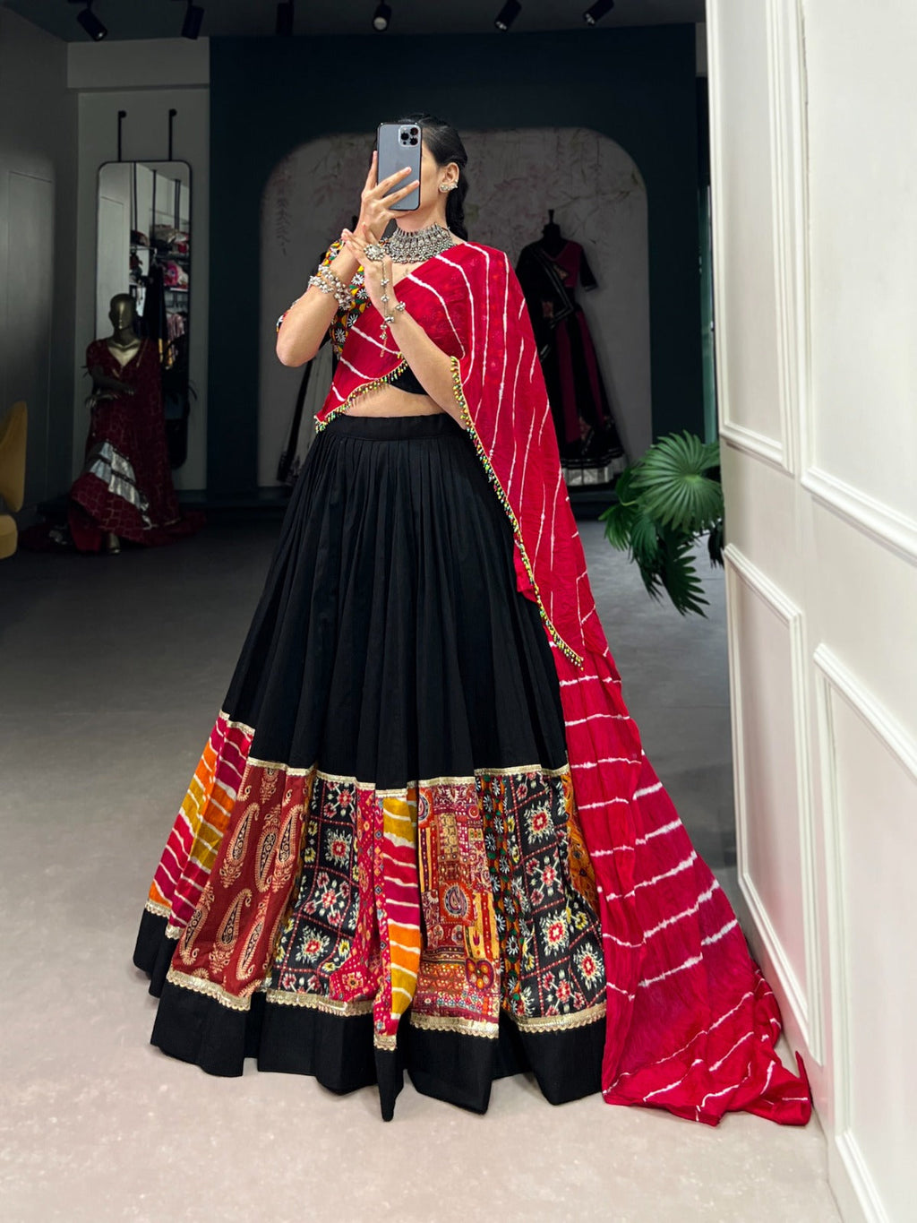 Lorenvalley Black Pure Rayon with Plain And Printed With Original Mirror Gamthi Work And Lace Touch Up Lehenga Choli