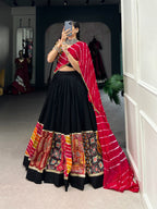 Lorenvalley Black Pure Rayon with Plain And Printed With Original Mirror Gamthi Work And Lace Touch Up Lehenga Choli