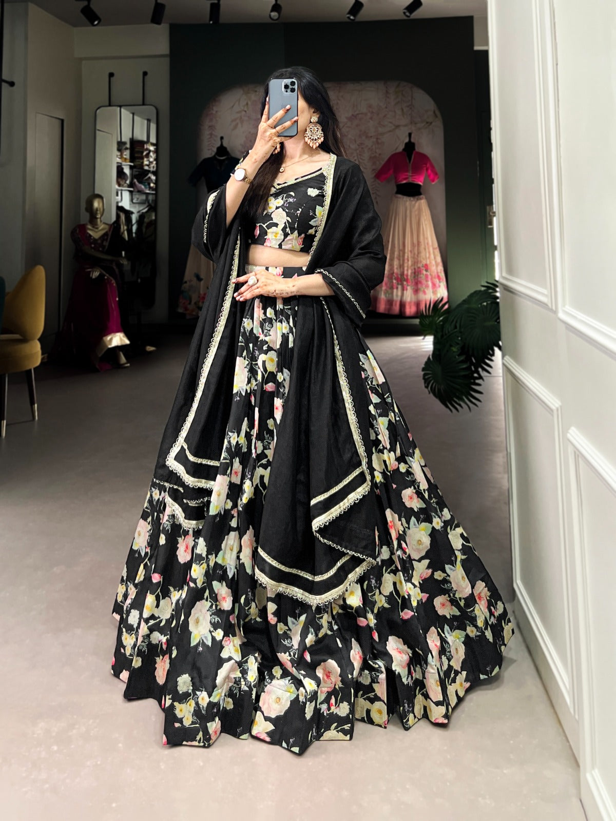 Lorenvalley Black Tussar Silk Floral Printed Lehenga Choli