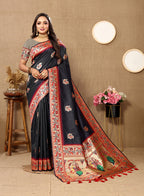 Lorenvalley Fashion Black Soft Paithani Silk Woven Design Rich Meenakari Zari Weaving Pallu Saree