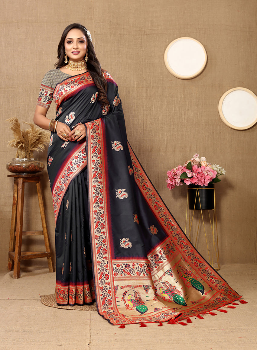 Lorenvalley Fashion Black Soft Paithani Silk Woven Design Rich Meenakari Zari Weaving Pallu Saree
