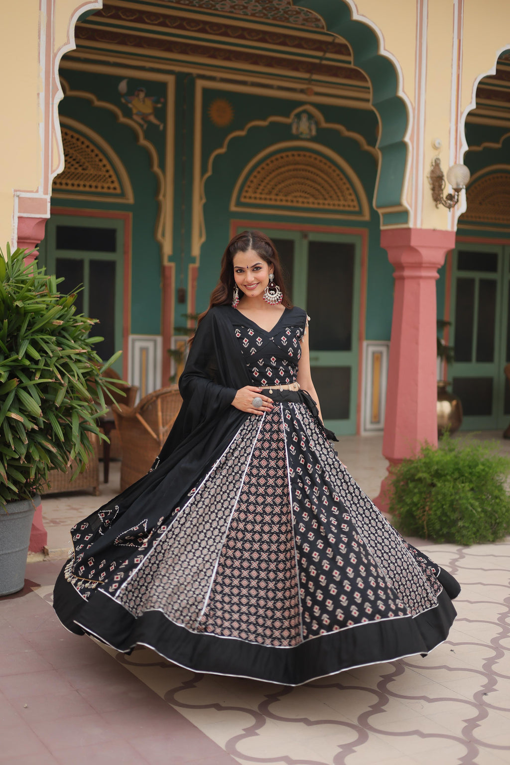 Lorenvalley Black Rayon Gota Patti Lace Printed Kali Pattern Lehenga Choli with Dupatta