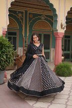 Lorenvalley Black Rayon Gota Patti Lace Printed Kali Pattern Lehenga Choli with Dupatta
