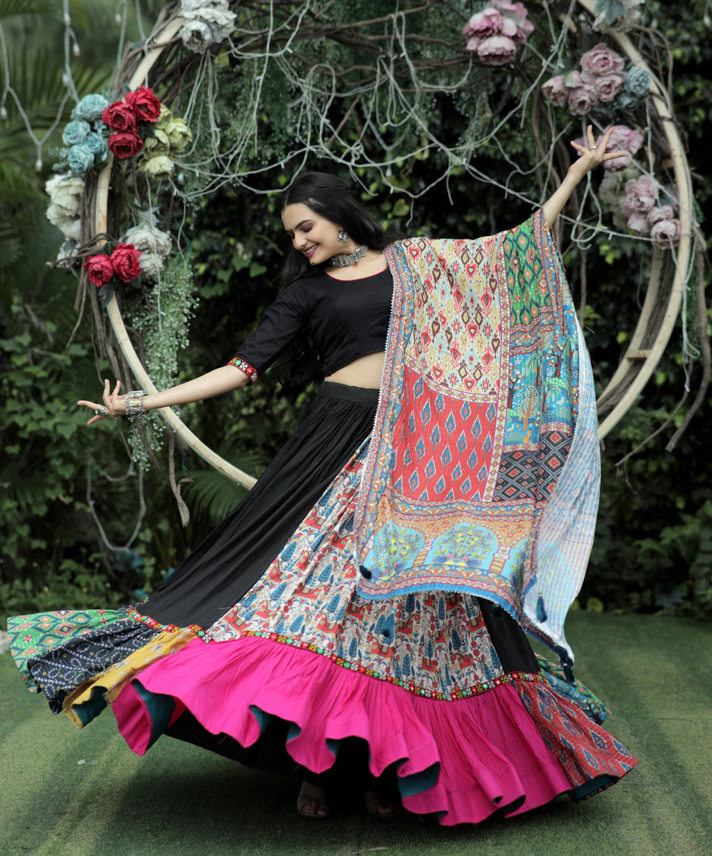 Lorenvalley Black Premium Rayon Lehenga with Choli with Digital Printed with Gotta Patti Lace Border Dupatta Set