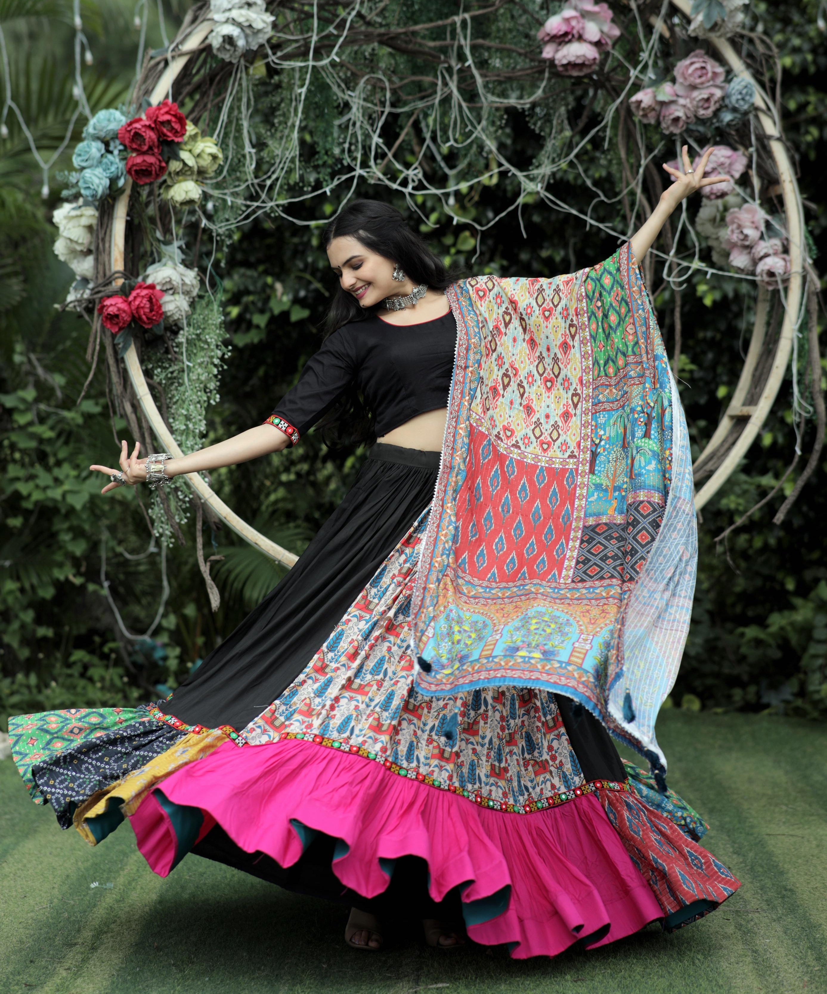 Lorenvalley Black Premium Rayon Lehenga with Choli with Digital Printed with Gotta Patti Lace Border Dupatta Set