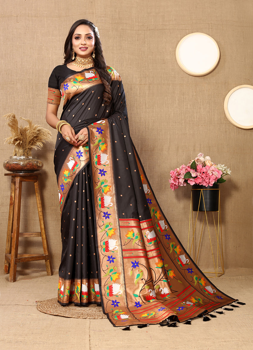 Lorenvalley Fashion Black Soft Paithani Silk Woven Design Rich Zari Meenakari Weaving Saree