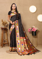 Lorenvalley Fashion Black Soft Paithani Silk Woven Design Rich Zari Meenakari Weaving Saree