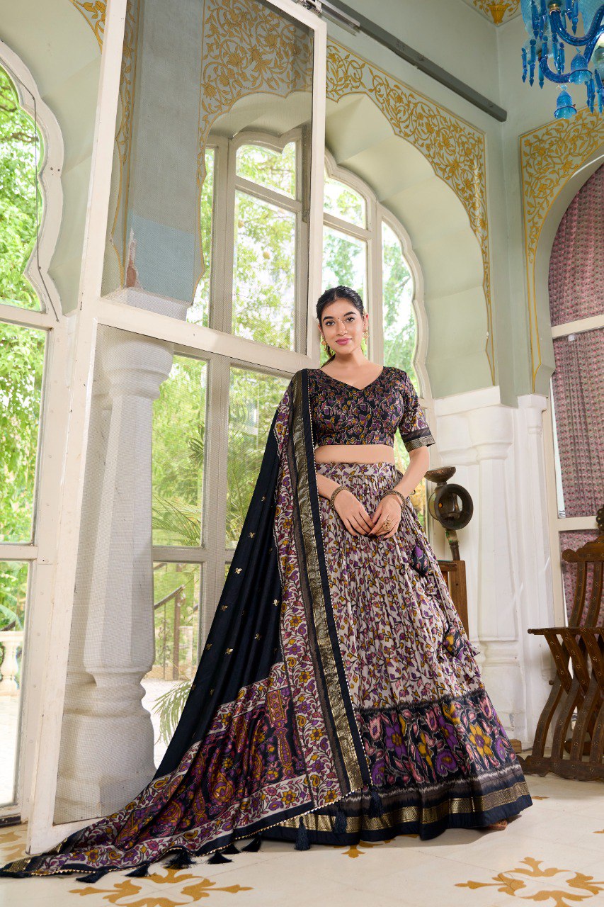 Lorenvalley Black Tussar Silk Floral Print with Foil Print Lehenga Choli with Dupatta