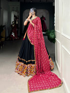 Lorenvalley Black Pure CottonPlain And Original Mirror Gamthi Work Lace Border Lehenga Choli with Dupatta
