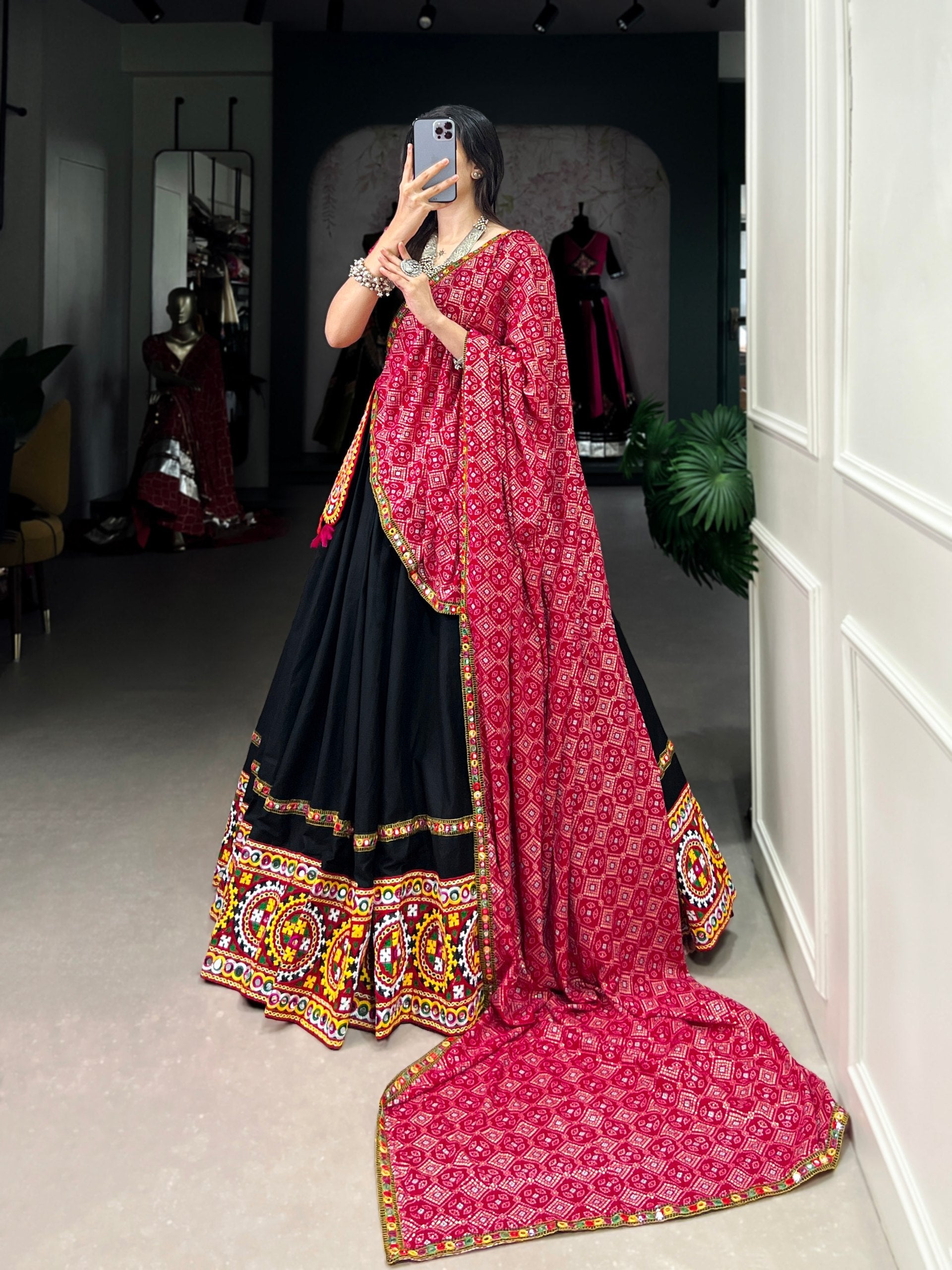 Lorenvalley Black Pure CottonPlain And Original Mirror Gamthi Work Lace Border Lehenga Choli with Dupatta