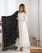 Lorenvalley Fashion White Vichitra Silk Fabric Fully Flared Anarkali Pant With Dupatta Set