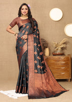 Lorenvalley Fashion Black Soft Katan Silk Woven Design Copper Zari Weaving Saree